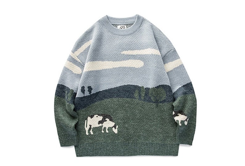 Cows Sweater, Cow Printed Knitted Sweater, Harajuku Sweater, Vintage Winter Sweatshirt, Streetwear Unisex Pullover 