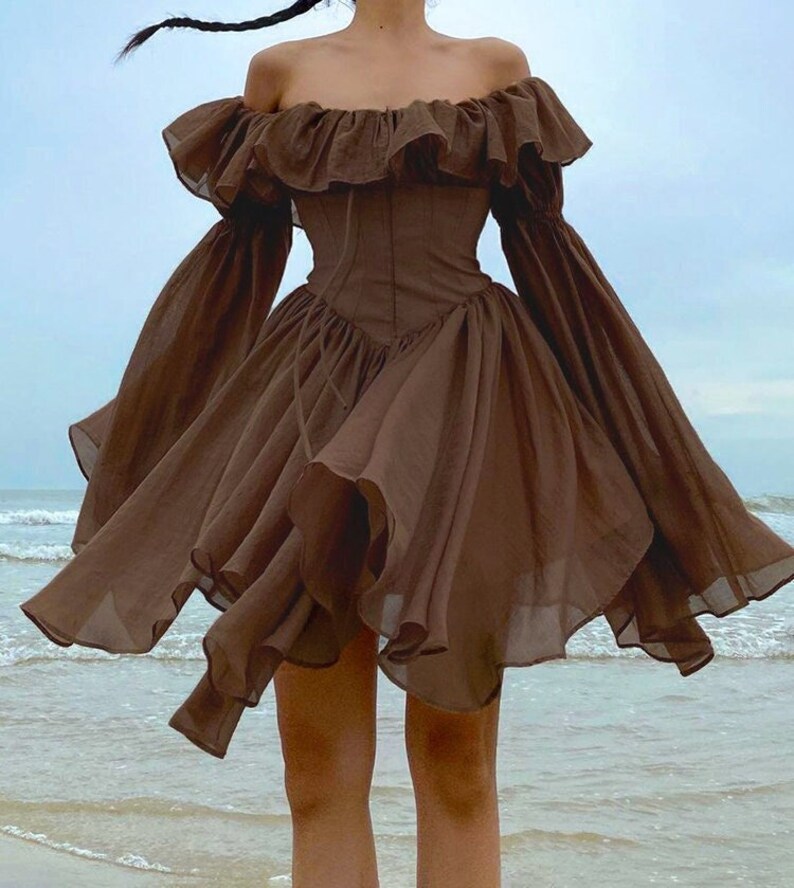 Brown Corset Style Dress off Shoulder Flare Sleeves Pleated Etsy