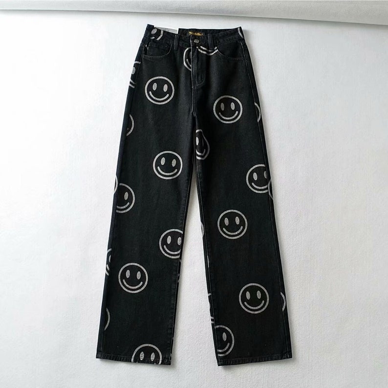 Smile Print Straight Wide Leg Baggy Jeans Black Blue Casual High Waist Loose Streetwear Oversized Trousers Y2K Aesthetic 