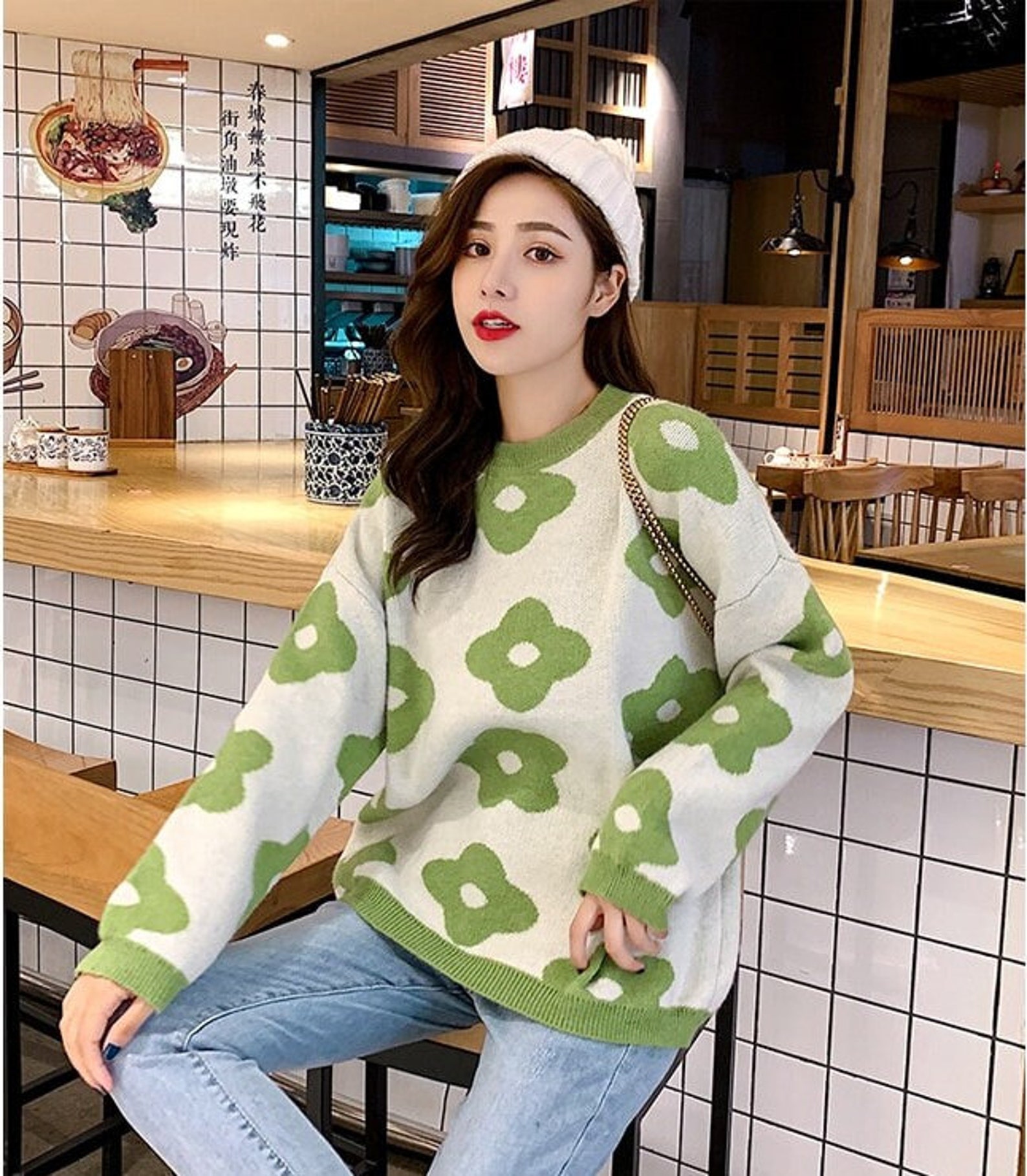 Cute Flower Pattern Sweater Flower Print Knit Pullover Etsy UK