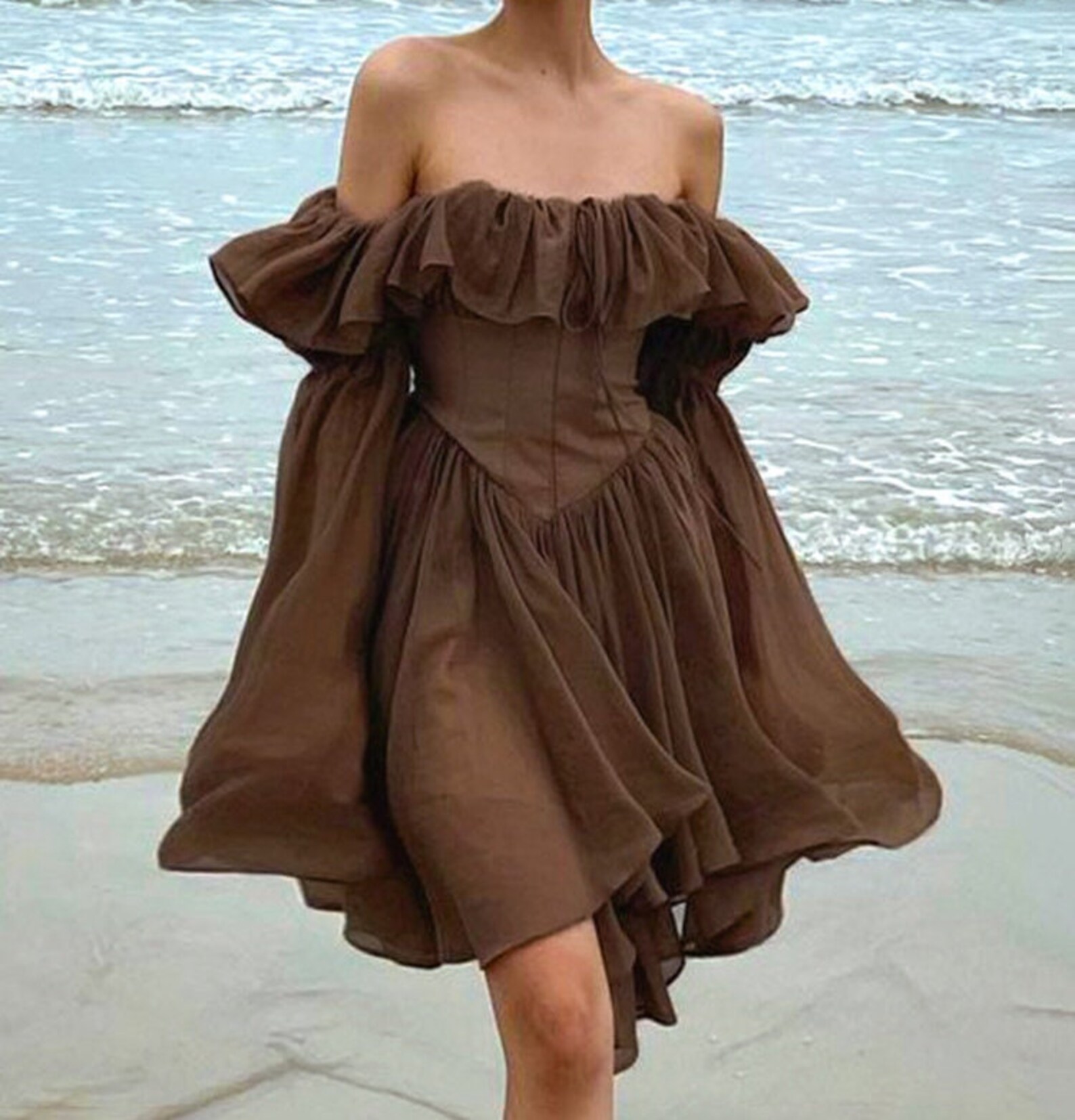 Brown Corset Style Dress off Shoulder Flare Sleeves Pleated Etsy