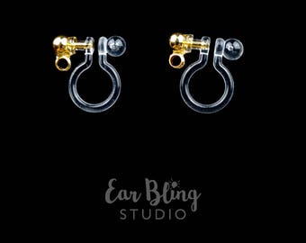 1 Pair of Invisible Clip On Earring Findings with Gold Post for Drop Earrings, Side Closed Loop