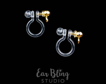 1 Pair of Invisible Clip On Earring Findings with Gold Post for Drop Earrings, Front Open Loop