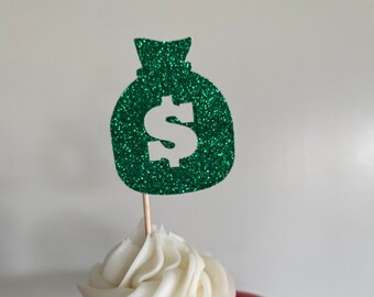 Money Bag Cupcake Toppers, Money Themed Food Picks, Dollar Sign Food Picks, Promotion Decorations, Casino Party Decor, Cops Robbers Party