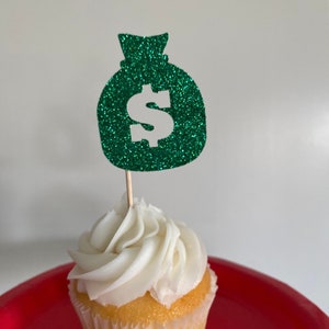Money Bag Cupcake Toppers, Money Themed Food Picks, Dollar Sign Food Picks, Decorazioni promozionali, Casino Party Decor, Cops Robbers Party