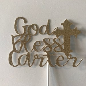 Custom Glitter Baptism Cake Topper: God Bless, Christening Decor