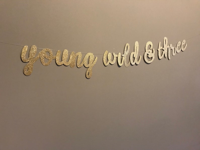 Puede incluir: Pancarta de purpurina dorada con el texto "young wild & three" colgada en una pared.