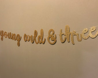May include: Gold glitter banner with the text "young wild & three" for a birthday party.