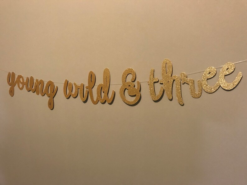 Puede incluir: Pancarta de purpurina dorada con el texto "young wild & three" para una fiesta de cumplea&ntilde;os.