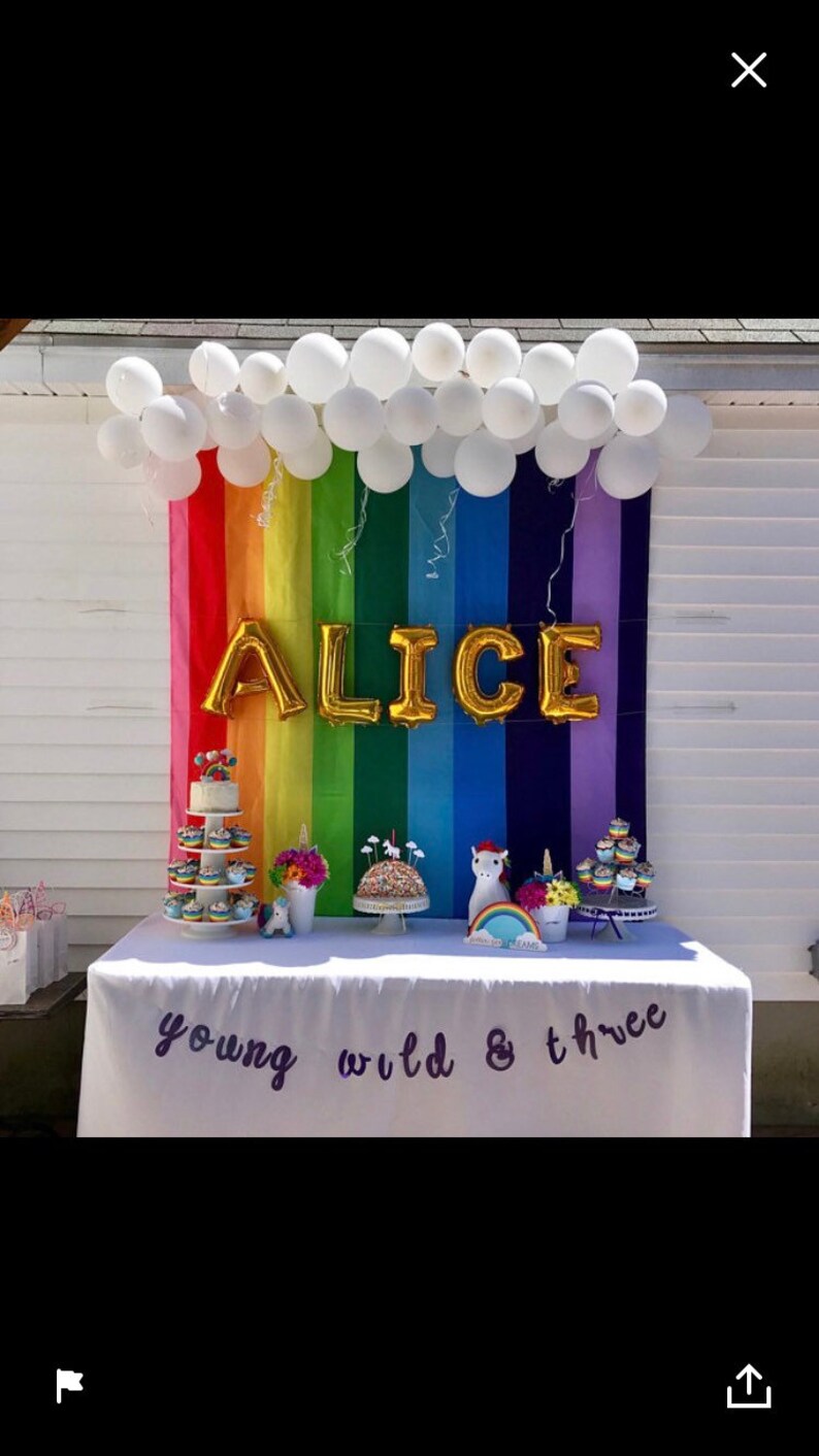 Puede incluir: Un tel&oacute;n de fondo de arco&iacute;ris con globos blancos que forman una forma de nube sobre las letras "ALICE" en globos de papel de aluminio dorado. Una mesa con un mantel blanco est&aacute; instalada frente al tel&oacute;n de fondo. La mesa est&aacute; decorada con cupcakes, figuras de unicornios y un letrero que dice "young wild & three".