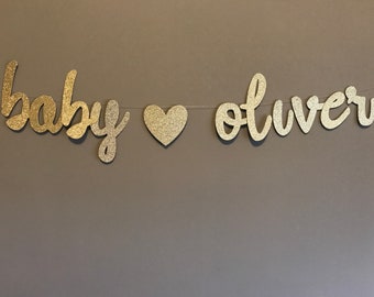 Baby Name Glitter Banner | Baby Shower Banner Gold Baby Shower Decor Gold Glitter, Modern Baby Shower, Pregnancy Banner, Baby Announcement