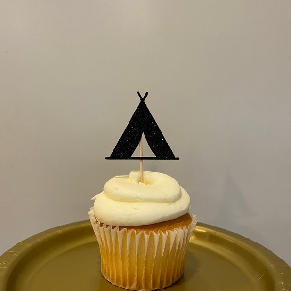 Camping Cupcake Toppers, Boho Food Pick, Tent Cupcake Tops, Camping Party Decor, Wild One Party, Campfire cupcake tops, outdoor cupcake tops