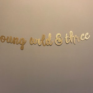 Puede incluir: Pancarta de purpurina dorada con el texto "young wild & three".