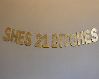 Shes 21 Bitches Glitter Banner: 21st Birthday Party Decor