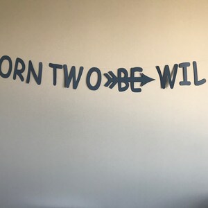 May include: A black paper banner with the text "BORN TWO BE WILD" in large, stylized letters. An arrow is between the words "TWO" and "BE".