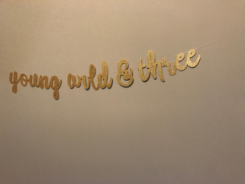 Puede incluir: Pancarta de purpurina dorada con el texto "young wild & three".