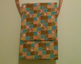 Blue, Brown, and Pink Messenger Bag with Pink Crystal Embellishment and Ribbon Strap