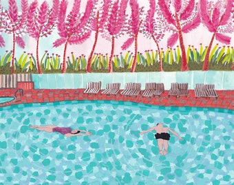 Bathers in paradise hotel (Giclée Fine Art Print) pool happiness, bathers, people swimming, hotel pool party Illustration by Lourdes Navarro
