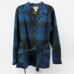 Pendleton Womens XL Blue Green Plaid Virgin Wool Belted Safari Jacket USA Made
