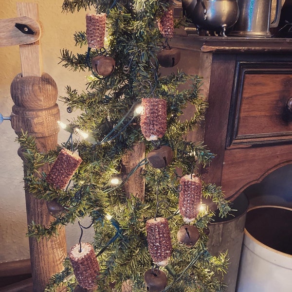 Primitive rustic corn cob and bell ornament