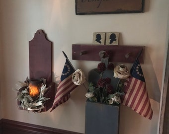 Primitive colonial tombstone top candle shelf