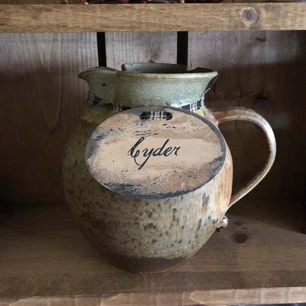 Primitive hand painted crock, jar, canister tags