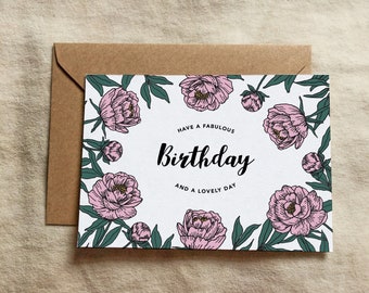 Illustrated A6 pretty, peony flower birthday card and envelope