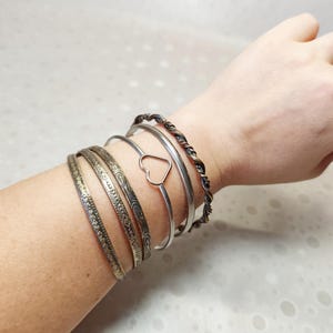 Vintage Silver Tone Bangle Set, Engraved Twist Heart Boho Stackable Bracelets