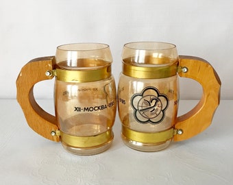 Soviet glass and wood beer mug set 2 pcs - USSR Vintage