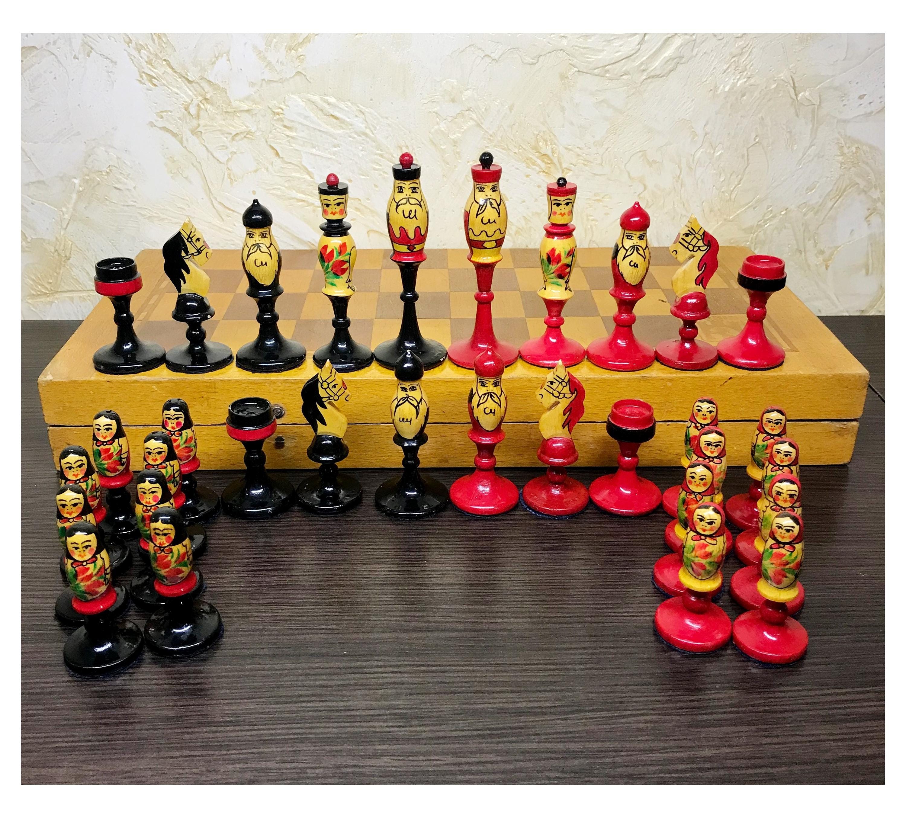 ヴィンテージ マトリョーシカ チェスセット 手描き木製ソ連チェス