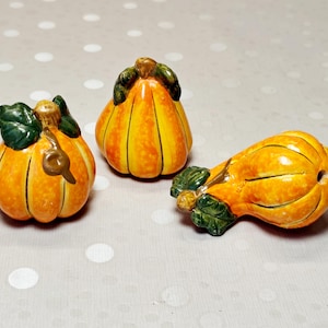 Vintage Ceramic Pumpkin Gourd Figurines, Majolica Style Fall Harvest Decor