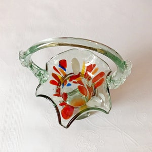 Vintage soviet glass vase Basket
* Material - glass. 
* Made in 1970s on the territory of USSR.
* Application - decorating the room.
* Weight 706 grams (0.69 lbs).
* Size 26*16 cm (7.8*3.1 inches).