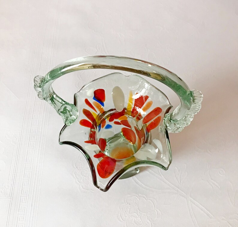 Vintage soviet glass vase Basket
* Material - glass. 
* Made in 1970s on the territory of USSR.
* Application - decorating the room.
* Weight 706 grams (0.69 lbs).
* Size 26*16 cm (7.8*3.1 inches).