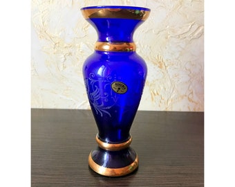Vintage vase cobalt blue Bohemian crystal with engraving gilding Czechoslovaki
