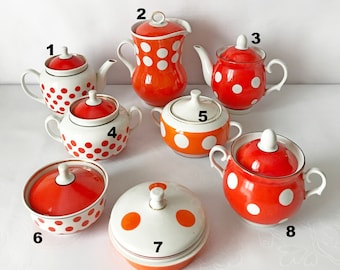 Soviet vintage polka dots ceramic teapot, sugar bowl, butter dish, milk jug porcelain