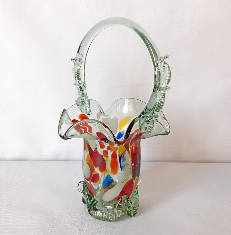 Vintage soviet glass vase Basket
* Material - glass. 
* Made in 1970s on the territory of USSR.
* Application - decorating the room.
* Weight 706 grams (0.69 lbs).
* Size 26*16 cm (7.8*3.1 inches).