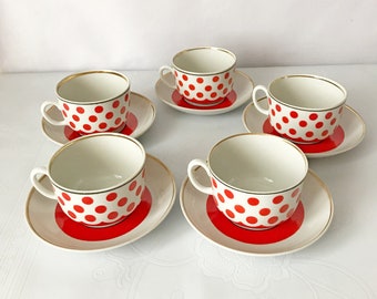 Soviet vintage polka dots ceramic cup and saucer porcelain