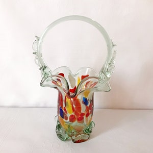 Vintage soviet glass vase Basket
* Material - glass. 
* Made in 1970s on the territory of USSR.
* Application - decorating the room.
* Weight 706 grams (0.69 lbs).
* Size 26*16 cm (7.8*3.1 inches).