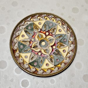 Vintage Bronze Enamel Wall Plate, Geometric Mandala Champleve Dish (8 cm)