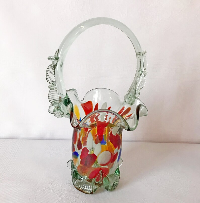 Vintage soviet glass vase Basket
* Material - glass. 
* Made in 1970s on the territory of USSR.
* Application - decorating the room.
* Weight 706 grams (0.69 lbs).
* Size 26*16 cm (7.8*3.1 inches).