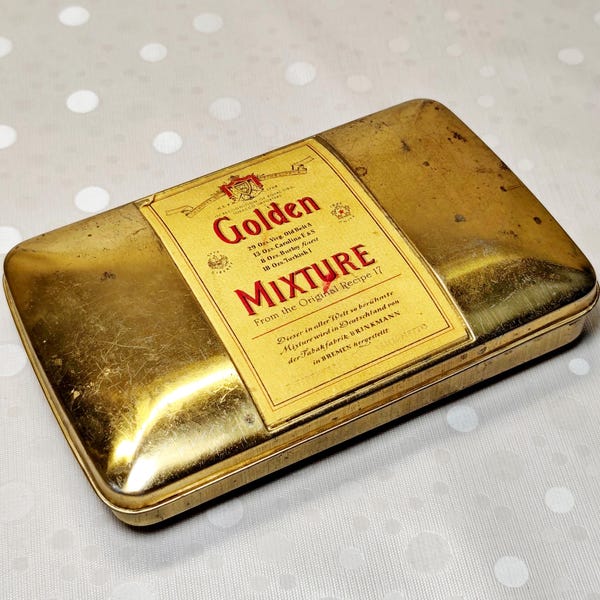 Vintage Golden Mixture Tobacco Tin, Brinkmann Bremen Brass Case, Mid-Century Metal Box