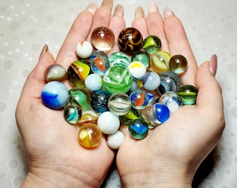 Vintage Glass Marbles Collection: Cat's Eye, Swirls, Clear (382g Bulk Lot)