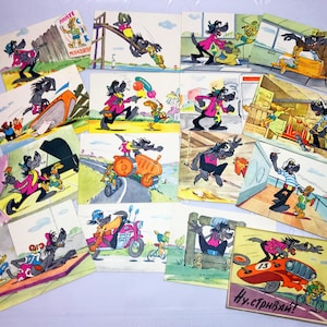 Conjunto de 15 cartões postais soviéticos Bem, espere um minuto - Nu pogodi - Artista Rusakov