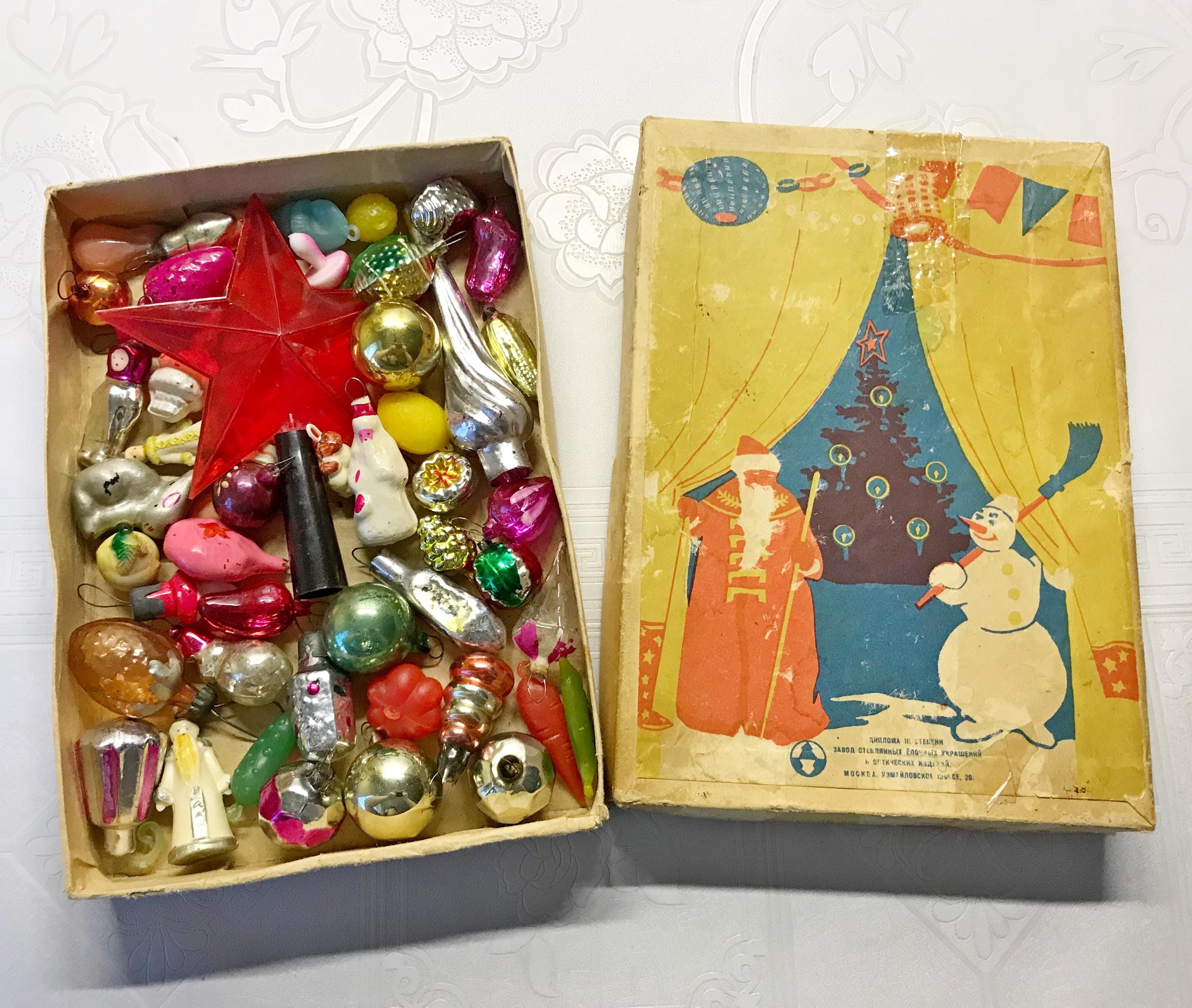 Set 47 Pcs Mini Soviet Christmas Tree Ornaments in Box - USSR