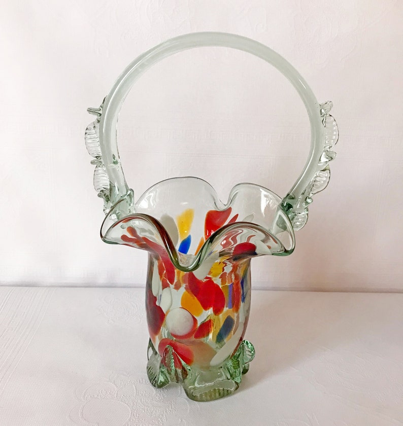 Vintage soviet glass vase Basket
* Material - glass. 
* Made in 1970s on the territory of USSR.
* Application - decorating the room.
* Weight 706 grams (0.69 lbs).
* Size 26*16 cm (7.8*3.1 inches).