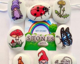 In the Garden, Gnome, Gonk, Story Stones Set, Butterfly, Ladybird, Storytelling Stones, Alternative, Story Telling, Early Years, Montessori