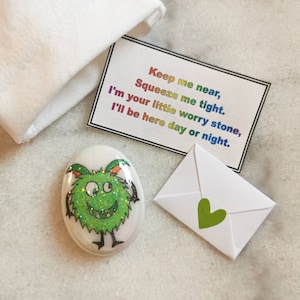 Green, Worry Stone, Childrens Anxiety Aid,  Stress Relief, Sensory, Kids Fidget Toy, Fiddle Toy, Worry Monster, Lucky Stone, Pebble, buddy