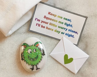 Green, Worry Stone, Childrens Anxiety Aid,  Stress Relief, Sensory, Kids Fidget Toy, Fiddle Toy, Worry Monster, Lucky Stone, Pebble, buddy