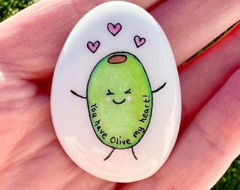 Olive, Olive you, Pebble, Good Luck, Keepsake, Stone, Gift, Present, Best Friend, Puns, Unique, Pun, Husband, Wife, love you, valentines