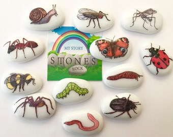 Miniaturowe zwierzęta, owady, natura, dzika przyroda, kamienie opowieści, worek opowieści, na zewnątrz, błotna kuchnia, zestaw, miniaturowe zwierzęta, kamienie, leśna szkoła, owady, pszczoła